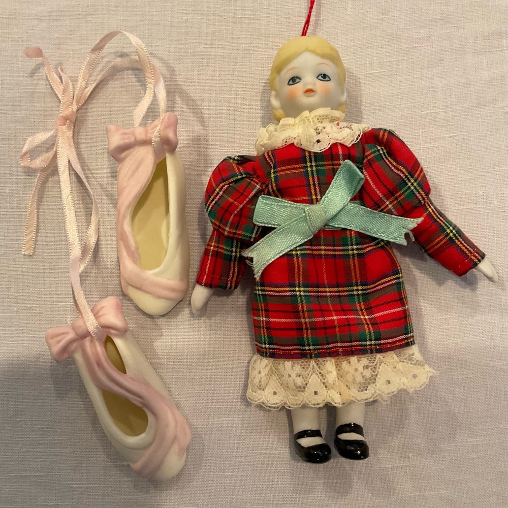 2 VTG Porcelain Ornaments: Girl in Plaid Holiday Dress + Ballet Pointe Slippers